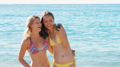 Animation-of-do-it-for-them-over-happy-caucasian-female-friends-taking-selfie-on-beach