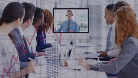 Animation-of-graphs-over-diverse-businesspeople-during-video-call