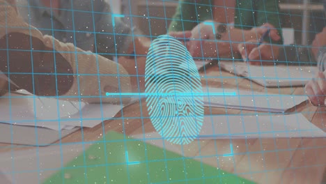 Animation-of-fingerprint-over-hands-of-diverse-businesspeople-working