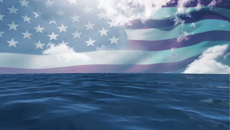 Animation-of-sea-and-clouds-with-american-flag-waving
