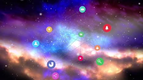 Animation-of-digital-social-media-icons-and-network-of-connection-over-clouds-background