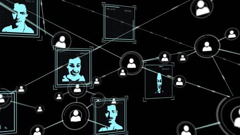 Animation-of-network-of-connection-with-people-icons-and-photos-over-black-background