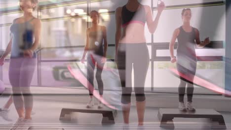 Animation-of-diverse-women-exercising-in-class-over-person-running-on-treadmill
