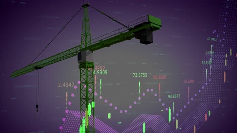 Animation-of-crane-at-construction-site,-financial-data-processing-and-statistics