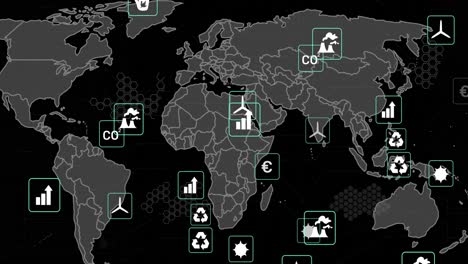 Animation-of-eco-icons-and-data-processing-over-world-map