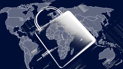 Animation-of-online-security-padlock,-data-processing-and-markers-over-world-map