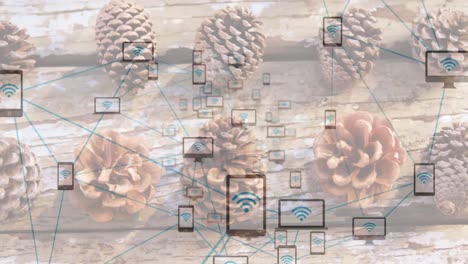 Animation-of-network-of-connections-with-tablets-and-smartphones-over-pine-cones