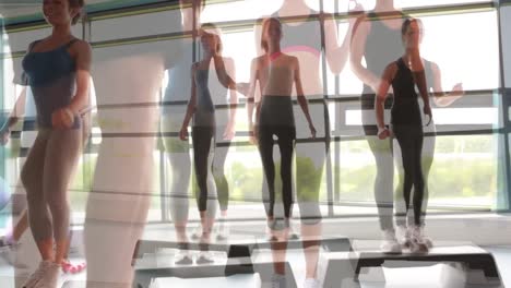Animation-of-diverse-women-exercising-in-class-over-open-hall