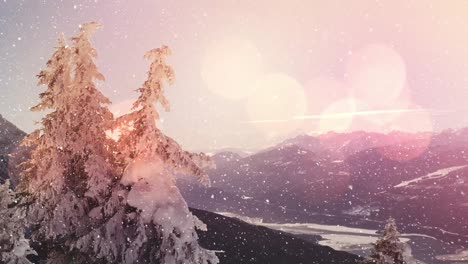 Animation-of-spot-lights-and-snow-falling-over-christmas-winter-scenery