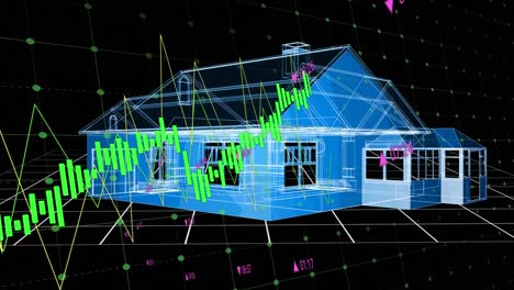 Animation-of-financial-data-processing-over-3d-house-drawing