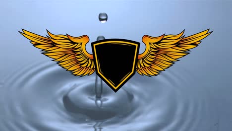 Animation-Eines-Schildes-Mit-Flügeln-über-Einem-Tropfen,-Der-Ins-Wasser-Fällt