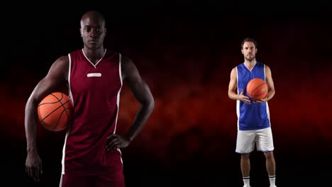 Animation-of-diverse-basketball-players-over-black-background