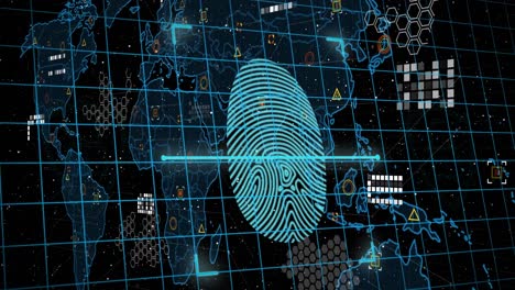 Animation-of-biometric-fingerprint,-markers-and-data-processing-over-world-map