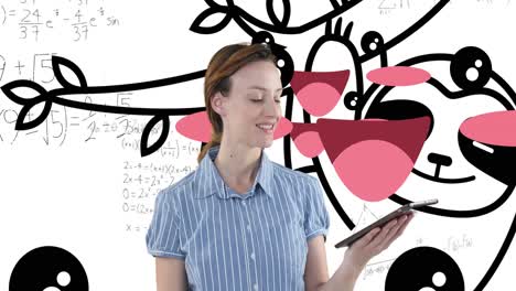 Animation-of-caucasian-businesswoman-on-white-background-with-graffiti-and-math-symbols
