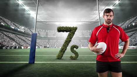 Animation-of-caucasian-rugby-player-with-7s-text-in-rugby-field-sports-stadium