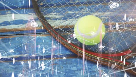 Animation-of-network-of-connections-with-digital-people-icons-over-tennis-ball-and-racket