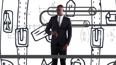 Animation-Eines-Afroamerikanischen-Geschäftsmannes-Auf-Weißem-Hintergrund-Mit-Graffiti-Und-Mathematischen-Symbolen