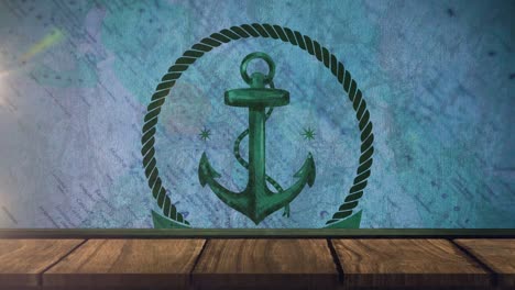 Animation-of-nautical-symbol-over-wooden-surface-and-blue-background