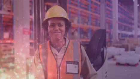 Animation-of-african-american-female-worker-smiling-in-warehouse-over-light-spots
