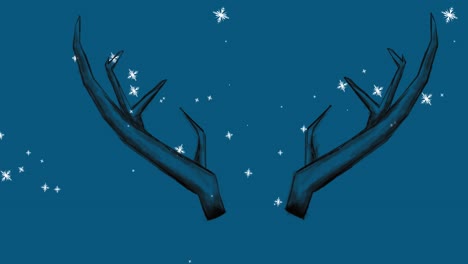 Animation-of-snowflakes-floating-over-antlers-on-blue-background