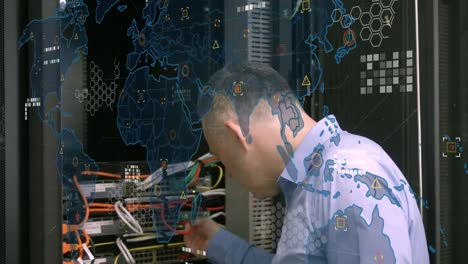Animation-of-world-map-over-caucasian-businessman-in-server-room