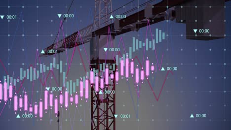 Animation-of-crane-at-construction-site,-financial-data-processing-and-statistics