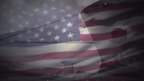 Animation-Von-Hafen-Und-Schiff-über-Amerikanischer-Flagge