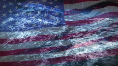 Animation-Des-Fließenden-Meereswassers-über-Dem-Schwenken-Der-Amerikanischen-Flagge