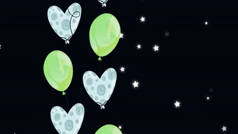 Animation-Von-Luftballons-Und-Herzen,-Die-über-Schwarzem-Hintergrund-Mit-Punkten-Schweben