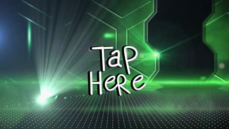 Animation-of-tap-here-over-shapes-on-green-and-black-background
