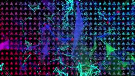 Animation-of-network-of-connections-over-rows-of-flickering-triangles-on-black-background