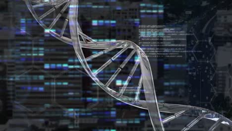 Animation-Der-Datenverarbeitung-Und-Des-Sich-über-Der-Stadt-Drehenden-DNA-Strangs