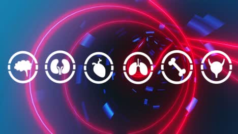 Animation-of-medical-icons-over-neon-tunnel-on-black-background
