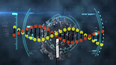 Animation-Des-DNA-Strangs-Und-Der-Datenverarbeitung-über-Viruszellen