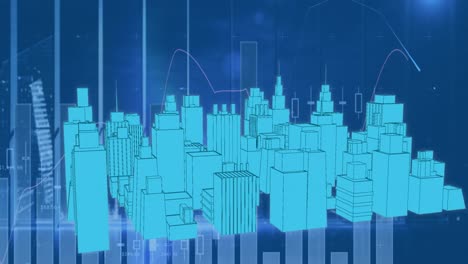 Animation-of-digital-city-over-data-processing-on-blue-background