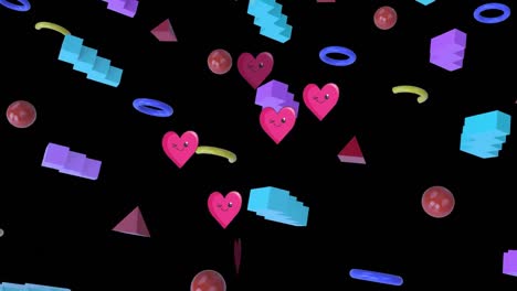 Animation-of-hearts-over-colorful-shapes-on-black-background