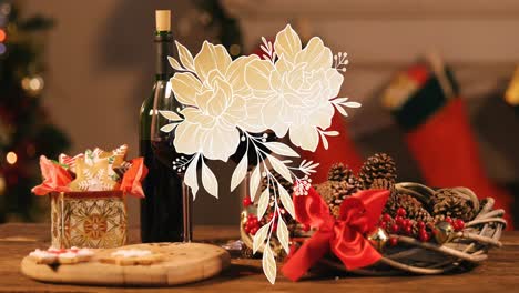 Animation-of-flower-icons-at-christmas-and-bottle-of-wine