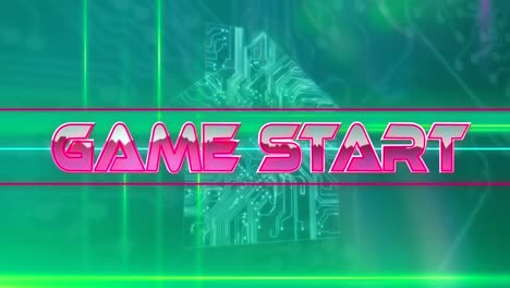 Game-start-text-on-neon-banner-over-microprocessor-connections-forming-house-on-green-background