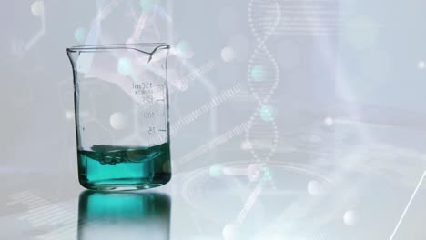 Animation-of-dna-strand-and-data-processing-over-beaker-with-liquid