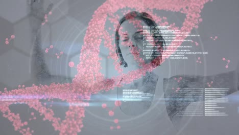 Animation-Von-DNA-Und-Datenverarbeitung-über-Einer-Kaukasischen-Frau,-Die-Yoga-Praktiziert