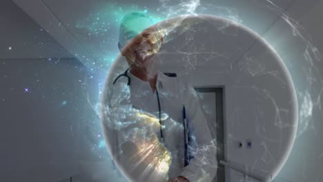 Animation-of-connections-and-globe-over-happy-caucasian-senior-male-doctor-with-notes