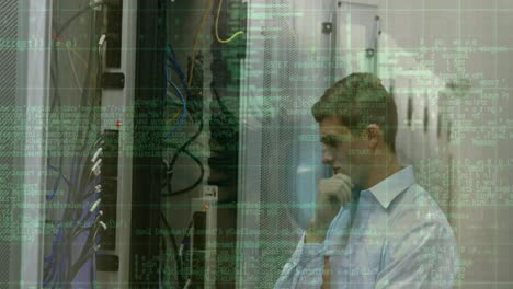 Animation-of-data-processing-over-caucasian-male-worker-in-server-room
