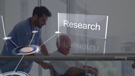 Animation-of-research,-strategy-over-caucasian-male-doctor-with-senior-patient-on-wheelchair