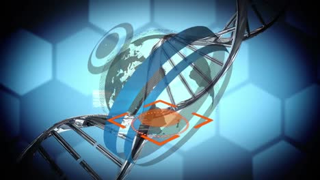 Animation-of-dna,-globe-and-data-processing-on-blue-background