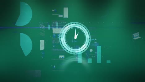 Animation-of-clock-over-graphs-on-green-background