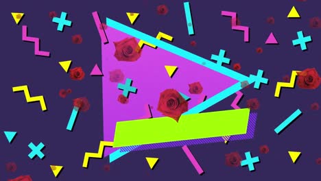 Animation-of-red-roses-over-colorful-shapes-on-purple-background