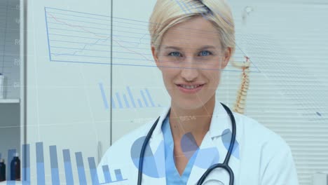 Animation-of-data-processing-over-caucasian-female-doctor-smiling