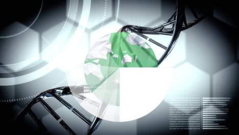 Animation-Von-DNA,-Globus-Und-Datenverarbeitung-über-Sechsecke-Auf-Grauem-Hintergrund