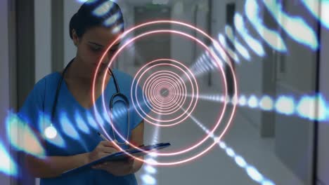 Animation-of-moving-circles-and-lights-over-biracial-female-doctor-smiling-at-camera