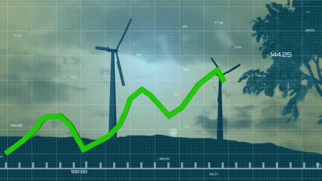 Animation-of-statistics-and-data-processing-with-green-line-over-wind-turbines